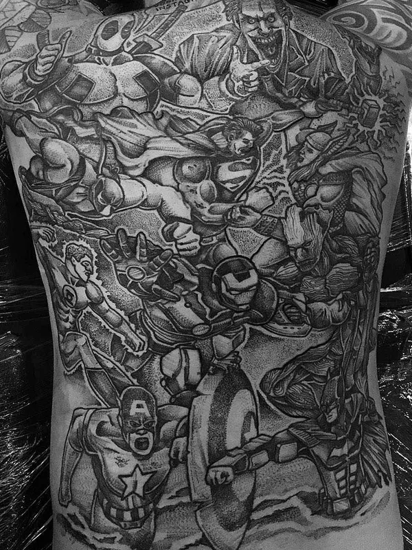 black and grey black and grey tattoo on full back #1880 | Tattoo Artist Paul Davies