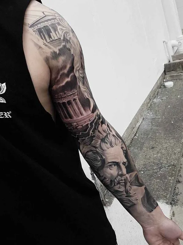 black and grey realism tatouage sur full sleeve #2130 | Artiste tatoueur Karl van der Linden