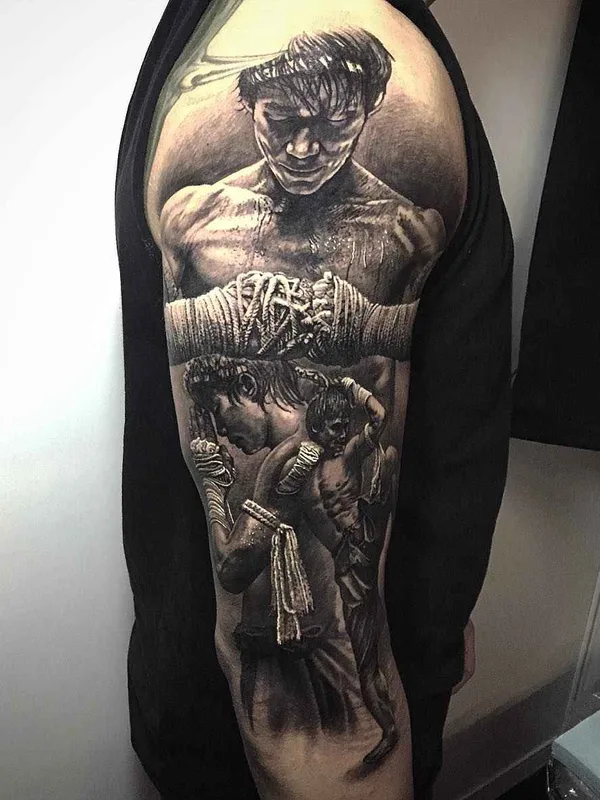 male black and grey realism татуировка на full sleeve #5333 | Тату мастер Steve Butcher