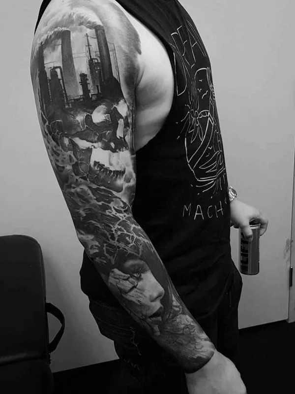 male black and grey black and grey tatouage sur full sleeve #2128 | Artiste tatoueur Karl van der Linden