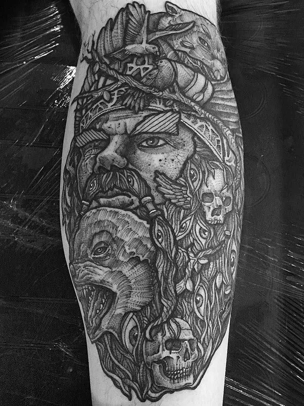 male black and grey blackwork tattoo on calf #1890 | Tattoo Artist Paul Davies