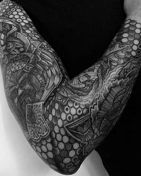 black and grey blackwork tattoo on full sleeve #1884 | Tattoo Artist Paul Davies