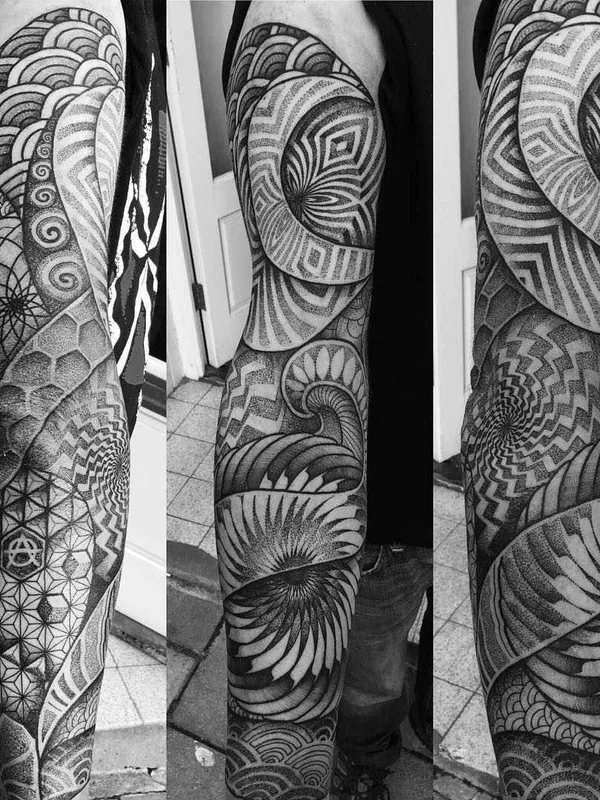 black and grey geometric tattoo on full sleeve #1885 | Tattoo Artist Paul Davies