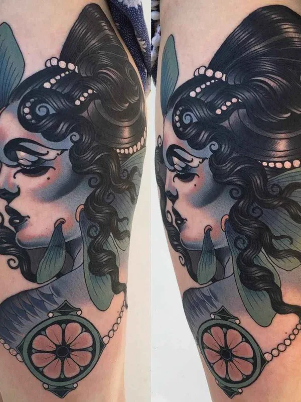 female color neo traditional Tatuaggio su thigh #10630 | Tatuatore Emily Rose Murray
