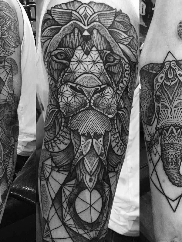 black and grey geometric tattoo on full sleeve #1886 | Tattoo Artist Paul Davies