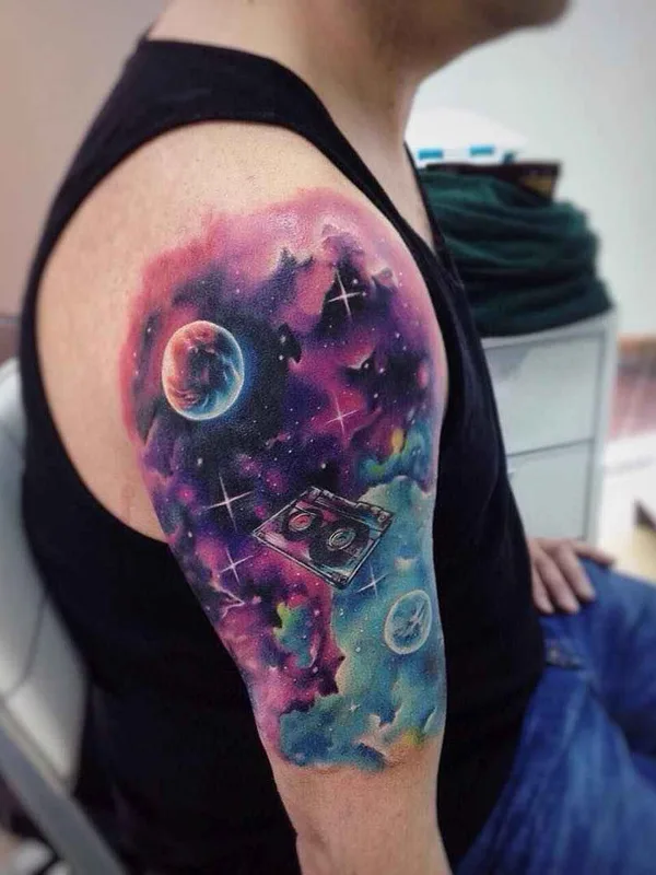 male color watercolor tatouage sur full sleeve #3187 | Artiste tatoueur Adrian Bascur