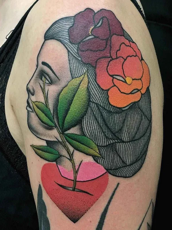 female color illustrative tattoo on upper arm #2979 | Tattoo Artist Mariusz Trubisz