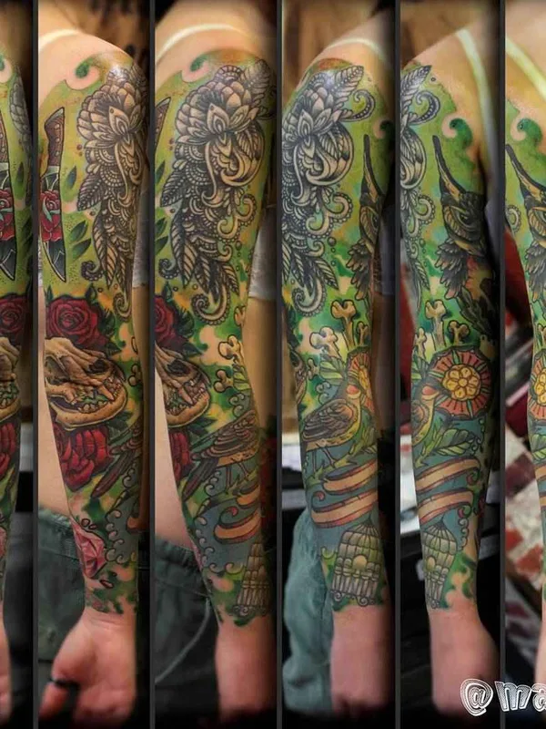 color neo traditional tatouage sur full sleeve #3493 | Artiste tatoueur Мурад Аракелян