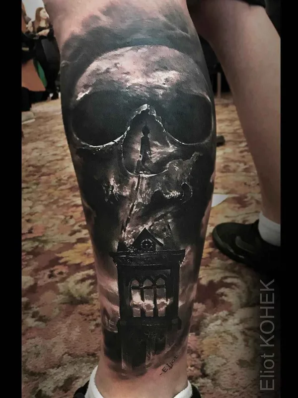 black and grey realism Tatuaggio su calf #2506 | Tatuatore Eliot Kohek