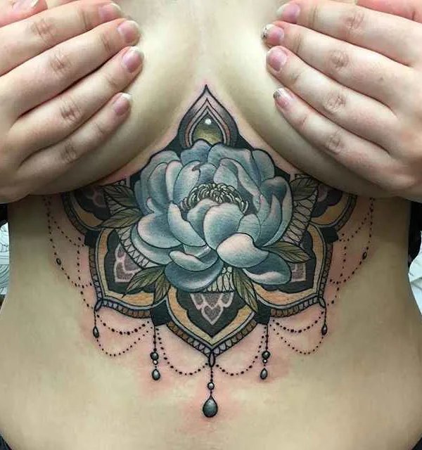female color ornamental tattoo on sternum #326 | Tattoo Artist Makkala Rose