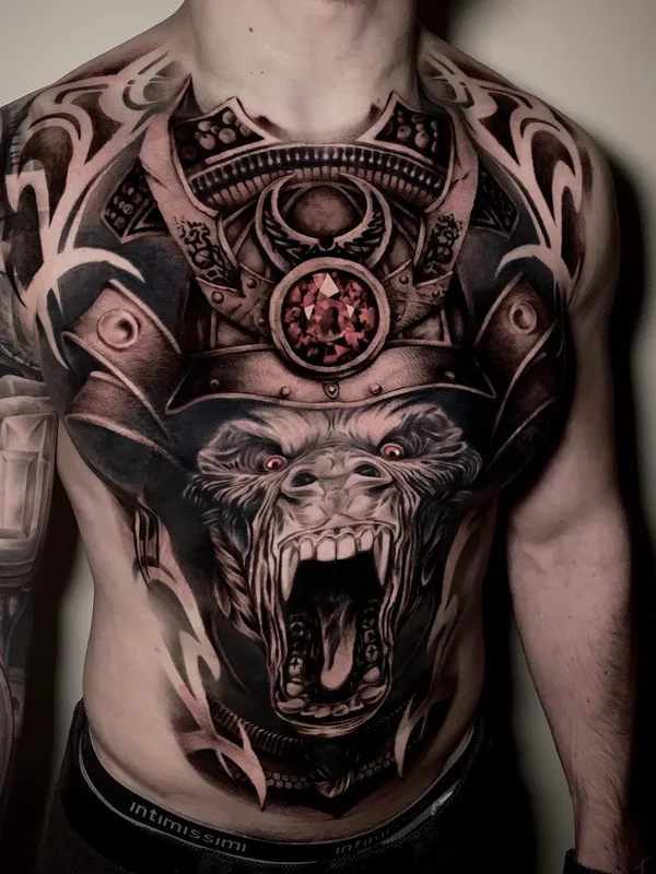 male black and grey black and grey Tatuaggio su chest #51332 | Tatuatore Денис Показанов