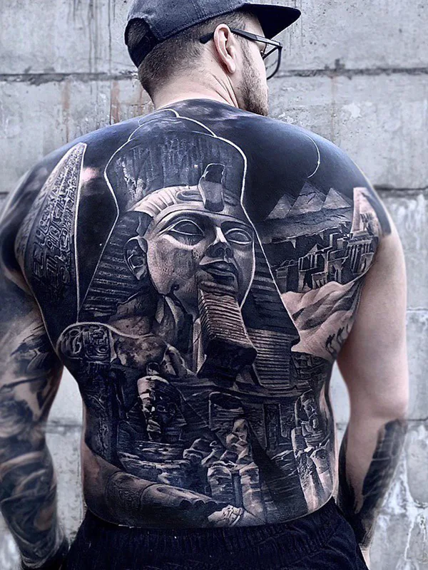 male black and grey realism Tatuaggio su full back #51331 | Tatuatore Денис Показанов