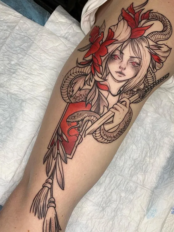 female color illustrative татуировка на thigh #51422 | Тату мастер Татьяна Волкер