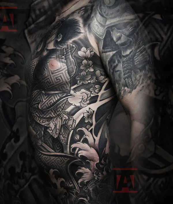 black and grey japanese tatouage sur chest #29072 | Artiste tatoueur Max Drugger