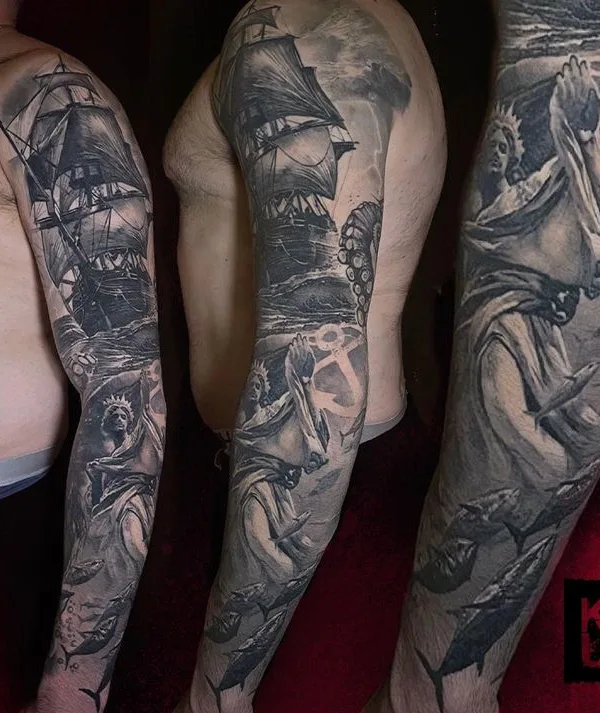 male black and grey realism татуировка на full sleeve #65212 | Тату мастер Макс Круп