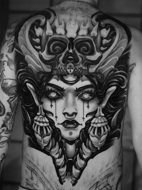black and grey black and grey татуировка на full back #65239 | Тату мастер CRISTIAN CASAS