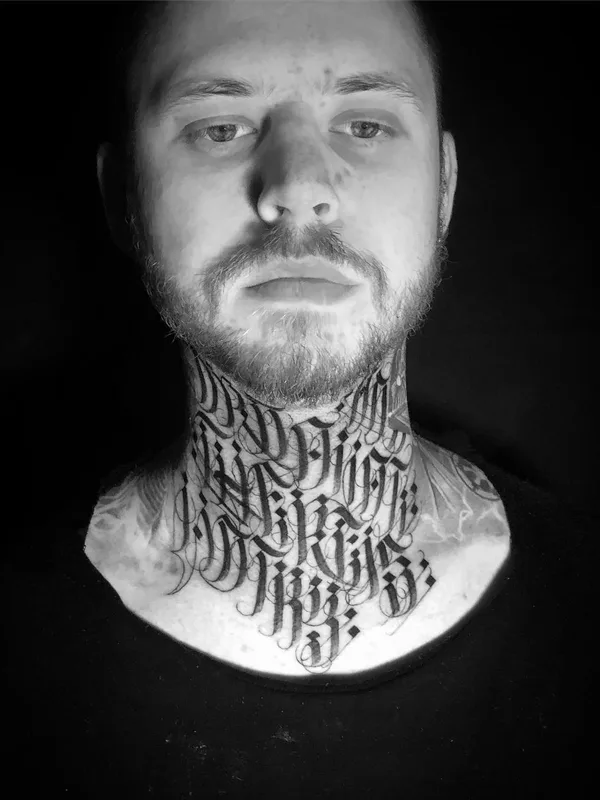 male black and grey blackwork tattoo on neck #29523 | Tattoo Artist MAYONAIZE