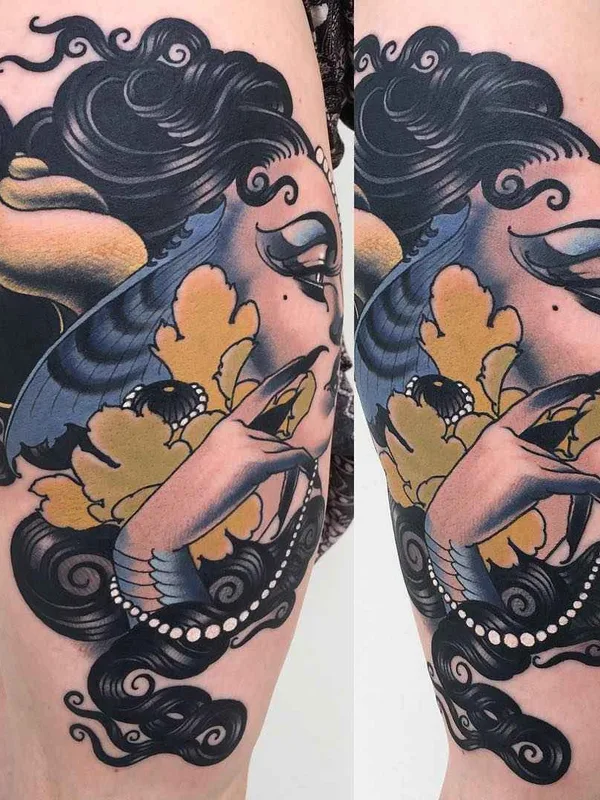female color neo traditional Tatuaggio su thigh #10633 | Tatuatore Emily Rose Murray