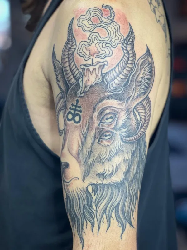 male black and grey black and grey tattoo on upper arm #54511 | Tattoo Artist Blu