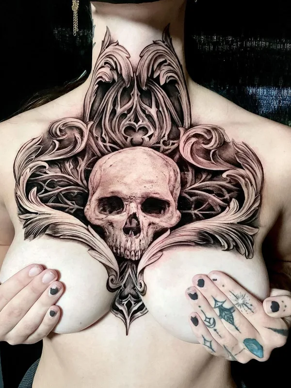 female black and grey black and grey tattoo auf chest #56966 | Tätowierer Fernando Gonzalez