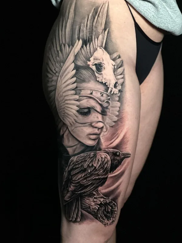 female black and grey realism tattoo auf thigh #56963 | Tätowierer Fernando Gonzalez