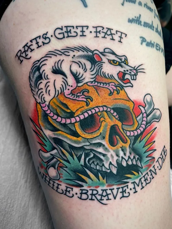 color traditional tattoo auf thigh #56968 | Tätowierer Rob Hamilton
