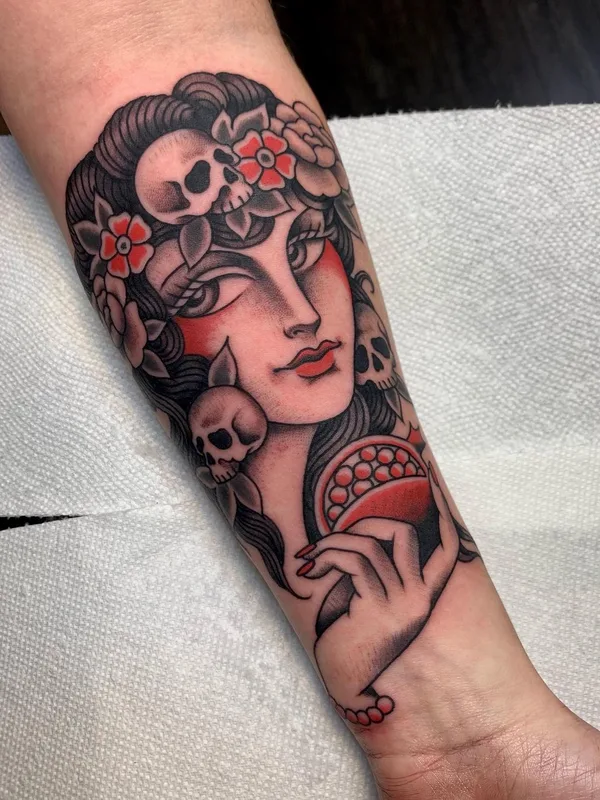 female color neo traditional tattoo auf forearm #56983 | Tätowierer Ellen Perry