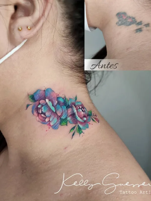 female color watercolor татуировка на neck #45868 | Тату мастер Kelly Guesser