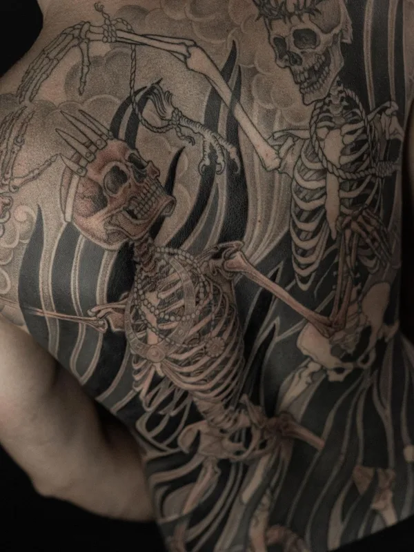 black and grey blackwork татуировка на full back #45892 | Тату мастер Михаил Колесников