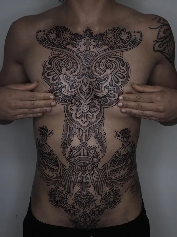 male black and grey ornamental татуировка на chest #45885 | Тату мастер Михаил Колесников