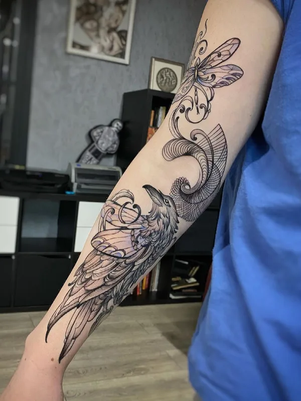 black and grey illustrative tattoo on forearm #45900 | Tattoo Artist Елена Баски