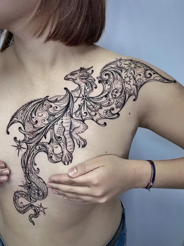 female black linework tattoo on chest #45898 | Tattoo Artist Елена Баски