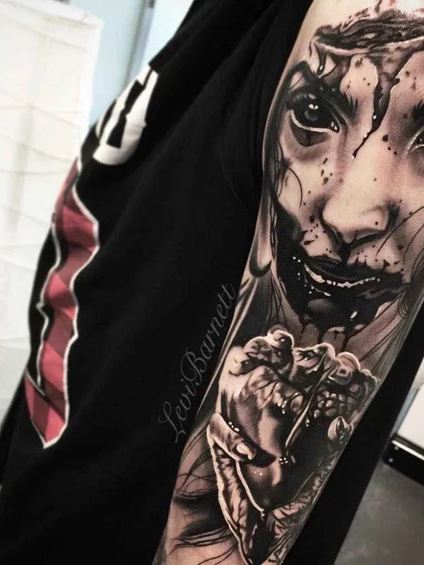 black and grey realism tattoo auf full sleeve #5373 | Tätowierer Levi Barnett