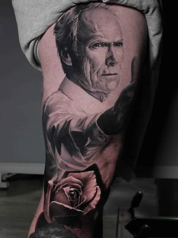 black and grey realism tatouage sur thigh #8971 | Artiste tatoueur Ryan Evans