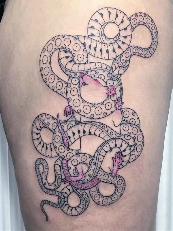 black and grey linework tattoo on thigh #6604 | Tattoo Artist Mirko Sata