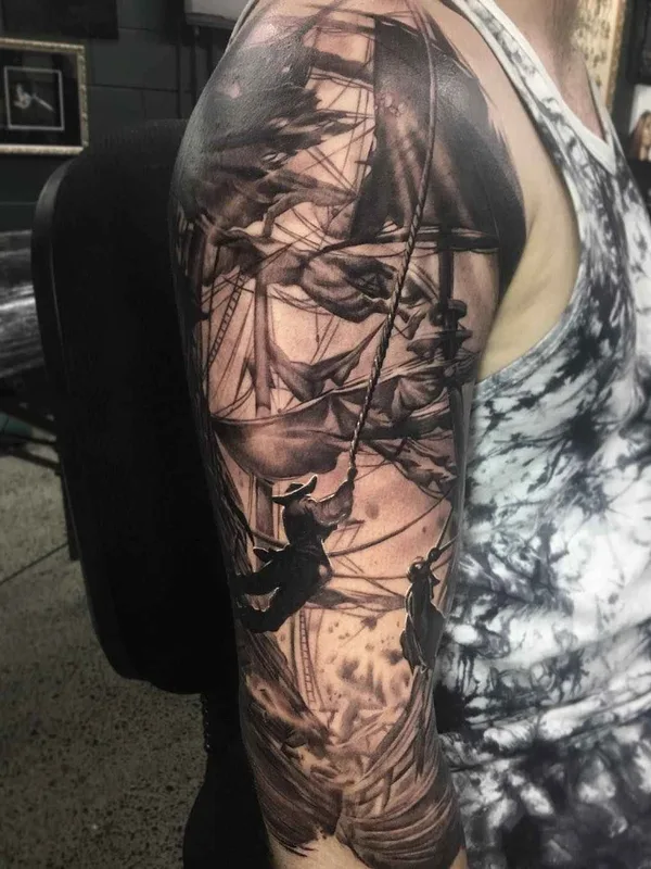 black and grey realism tatuaje en full sleeve #7032 | Tatuador Ben Kaye