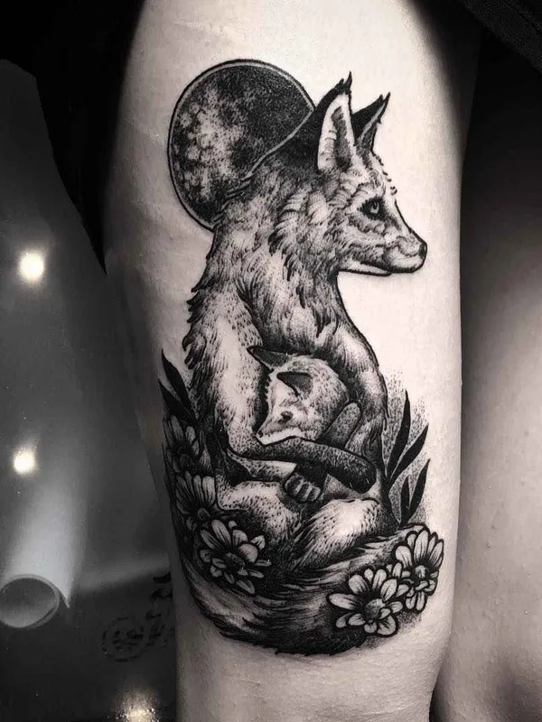 black and grey blackwork 纹身 在 thigh #6895 | 纹身师 Merry Morgan