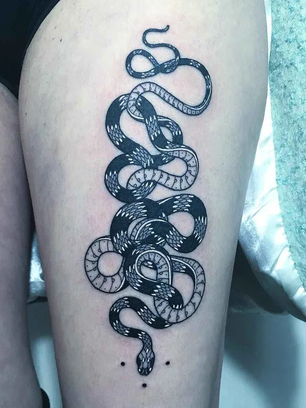 black and grey blackwork tattoo on thigh #6606 | Tattoo Artist Mirko Sata