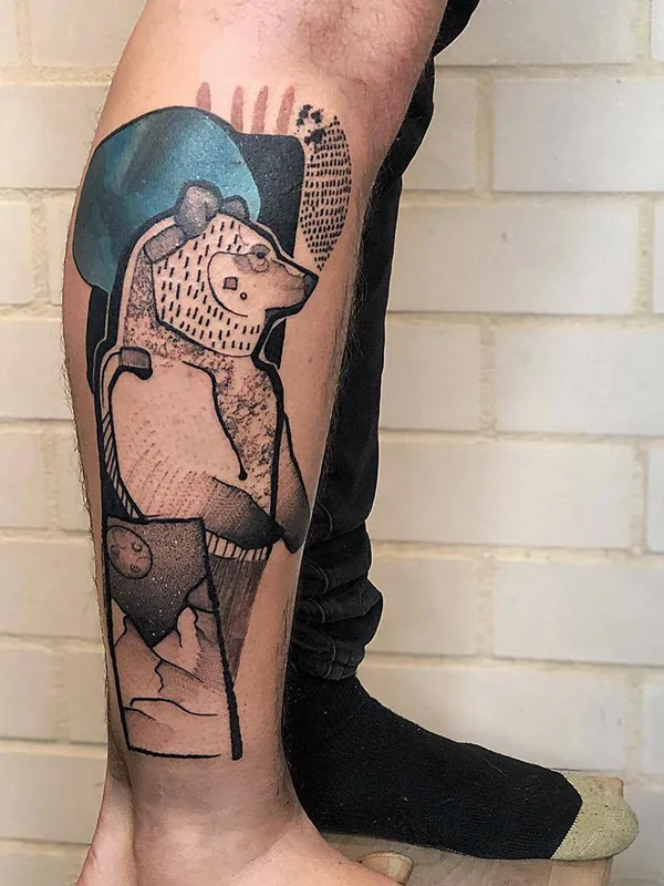 black and grey illustrative татуировка на calf #28420 | Тату мастер Shiran Koro