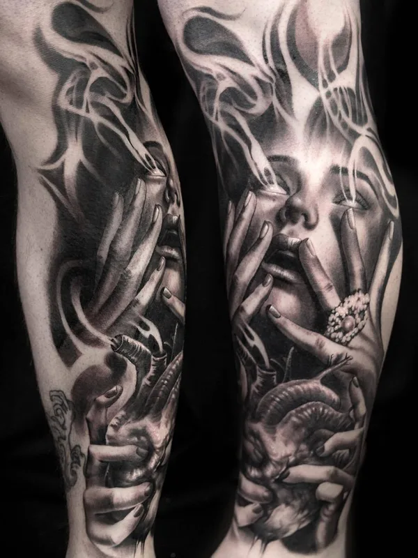 female black and grey realism tatuaje en calf #29115 | Tatuador Ivano Natale