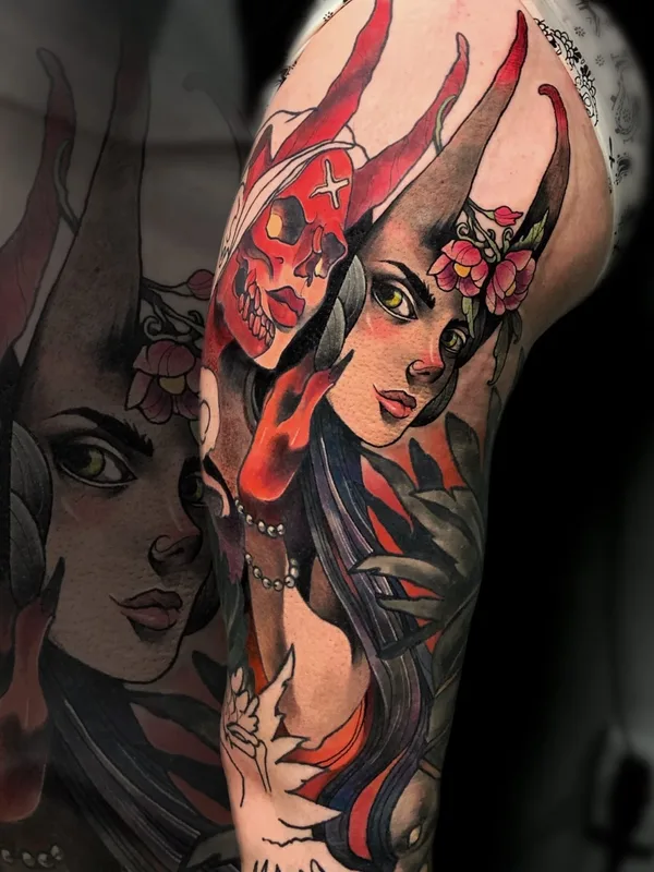 female color neo traditional татуировка на upper arm #53137 | Тату мастер Евгения Окто