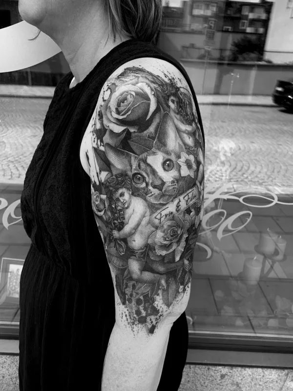 female black and grey black and grey tattoo on full sleeve #69726 | Tattoo Artist Inkdeology