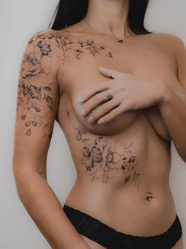 female black fineline, botanic татуировка на side, chest, shoulder #36987 | Тату мастер Tritoan Ly