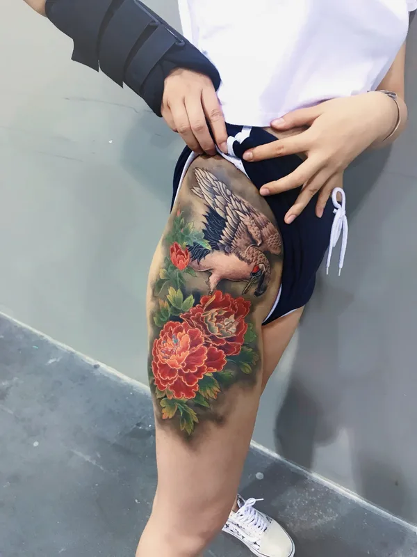 female color japanese tattoo on thigh #73015 | Tattoo Artist CJ Cai Nan
