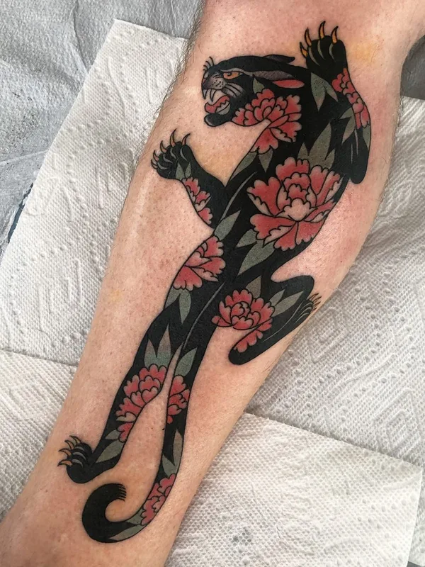 color neo traditional 纹身 在 calf #43012 | 纹身师 Shitneck Jones