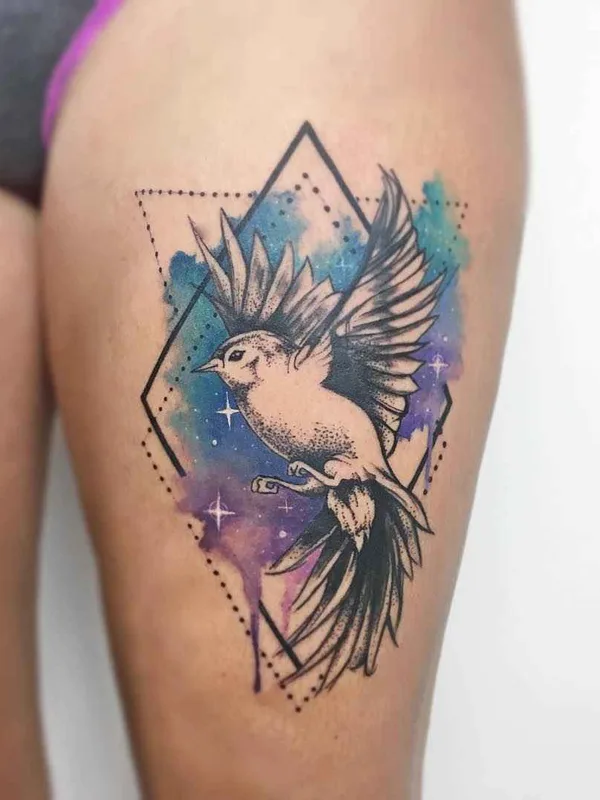 female color watercolor татуировка на thigh #7591 | Тату мастер Yeliz Ozcan