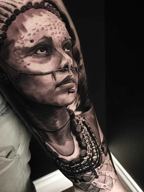 female black and grey realism tattoo on full sleeve #9548 | Tattoo Artist Ben Thomas