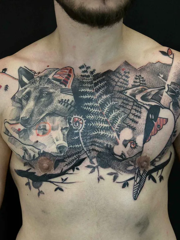 male black and grey illustrative 타투 부위 chest #13018 | 타투이스트 Katarzyna Krutak