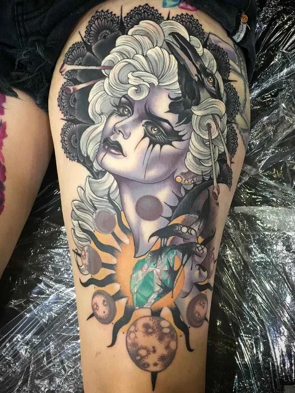 female color illustrative Tatuaggio su thigh #11630 | Tatuatore Kat Abdy