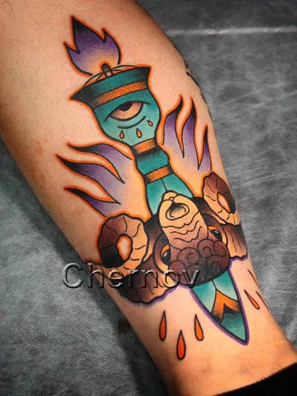 color neo traditional tatouage sur calf #7727 | Artiste tatoueur Дмитрий Чернов